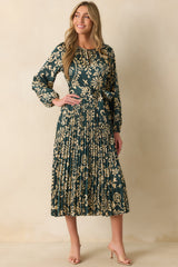 Nothing Has Changed Dark Teal Floral Print Pleated Maxi Dress