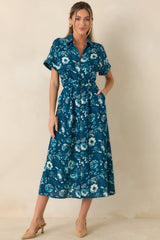You'll See Soon Dark Teal Multi Floral Print Belted Midi Shirt Dress
