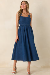 Tied at Twilight Dark Wash Bow Strap Detail Cotton Midi Dress