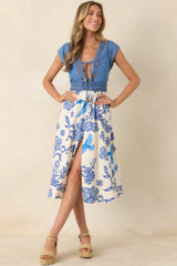 Aylaya Aubrey Ivory & Blue Floral Denim Bodice Midi Dress