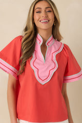 Creative Energy Poppy Red & Pink Cotton V-Neck Top