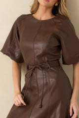 Something to Behold Brown Faux Leather Short Sleeve Belted Midi Dress
