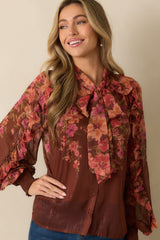 Forever Falling Brown Multi Floral Print Bow Blouse