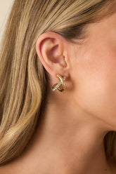 Not Holding Back Gold Rhinestone Criss Cross Hoop Earrings