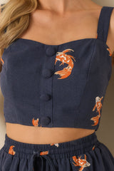 On Solid Ground Navy Koi Fish Print Linen Blend Crop Top