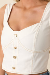 For The Record White Denim Button Front Crop Top