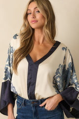 With That Said Navy Multi Print Contrast Trim Kimono Sleeve Bodysuit