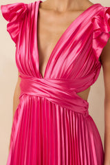 Let's Dance Hot Pink Pleated Satin Lace Back Maxi Dress