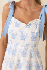 Made For Lovely Days Blue Embroidered Cotton Tie-Strap Midi Dress