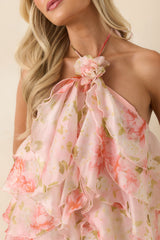 ASTR The Label Ofra Pink Floral Ruffle Halter Mini Dress