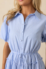 A Twist On Timeless Blue Stripe Rayon Maxi Shirt Dress