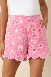 Look At You Pink Cotton Floral Embroidered Shorts