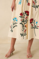 Found Treasures Natural Multi Floral Embroidered Midi Skirt