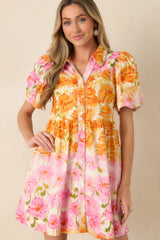 Pick Me, Please Orange & Pink Floral Cotton Puff Sleeve Mini Dress