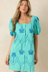Coastal Rhythm Teal Palm Embroidered Cotton Puff Sleeve Mini Dress