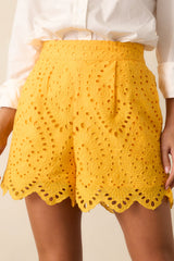 Perfect Fit Sunflower Yellow Cotton Embroidered Eyelet Shorts