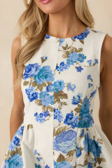 Grace in Motion Blue Floral Print Cotton Peplum Top