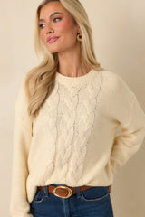 All the While Ivory Cable Knit Crewneck Pullover Sweater