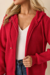 Call It What It Is Red Ribbed Knit Long Sleeve Zip Up Hoodie