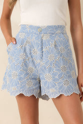 Look At You Blue Cotton Floral Embroidered Shorts