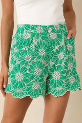Look At You Green Cotton Floral Embroidered Shorts