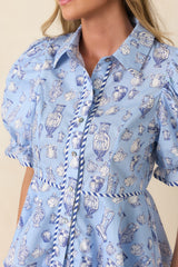 Artful Moment Blue Toile Print Cotton Puff Sleeve Blouse