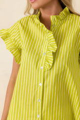 Say Less Chartreuse Stripe Cotton Ruffle Trim Blouse