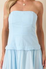 You Already Know Blue Cotton Bustier Bodice Strapless Midi Dress