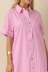 Pretty in Pinstripes Pink Cotton Stripe Button Front Maxi Shirt Dress