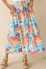 Where To Next? Coral Orange & Blue Multi Poolside Print Midi Skirt