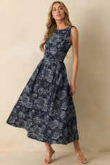 Here's The Thing Navy Floral Denim Jacquard Sleeveless Maxi Dress