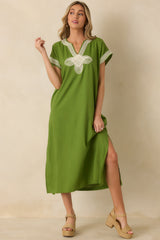 You Know the Feeling Matcha Green Embroidered V-Neck Maxi Dress