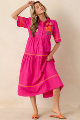 Island Glow Fuchsia Tropical Cotton Embroidered Tiered Midi Dress