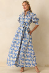 Prosperina Marianne Dusty Blue Floral Cotton Maxi Dress