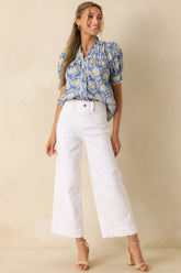 Prosperina Gretchen Dusty Blue & Ivory Cotton Floral Blouse