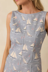 On Deck Darling Dusty Blue Cotton Blend Nautical Sleeveless Midi Dress