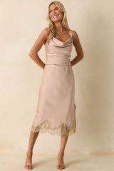 Just Call Me Later Dusty Pink Satin Lace Trim Midi Skirt