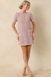 Soft Kisses Dusty Pink Short Sleeve Tweed Mini Dress