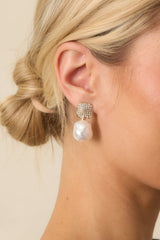 Take It From There Gold Rhinestone Ivory Pearl Drop Earrings
