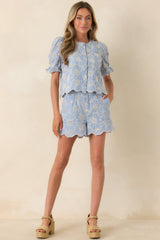 Look At You Blue Cotton Floral Embroidered Shorts