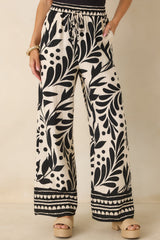 Palma Nights Black & Natural Botanical Print Wide Leg Pants