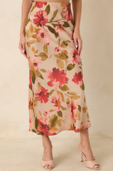 Nothing More To Say Tan Multi Floral Print Satin Maxi Skirt