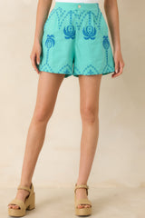 Island Pulse Teal Palm Embroidered Cotton Shorts