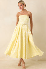 Radiating Joy Yellow Floral Jacquard Strapless Midi Dress