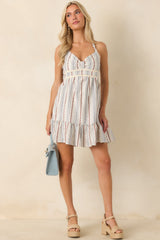 Roses by the Window Ivory Multi Floral Stripe Halter Mini Dress