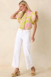 Make It Known Chartreuse & Pink Floral Cotton Eyelet Top