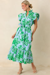 Fresh Air Floral Blue & Green Cotton Floral Eyelet Midi Dress