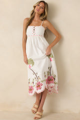 Pink Paradise White Multi Floral Embroidered Cotton Midi Dress