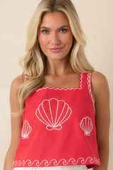 Sea You Soon Red Cotton Blend Shell Embroidered Tank Top