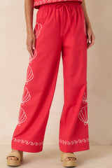 Sea You Soon Red Cotton Blend Shell Embroidered Wide Leg Pants